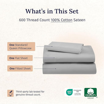 California Design Den Luxury Twin XL Sheet Set - 100% Cotton, 600 Thread Count Deep Pocket XL Twin Sheets, Soft Hotel-Quality Bedding with Weave - Light Grey