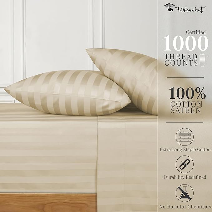URBANHUT 1000 Thread Count Damask Striped King Size Egyptian Cotton Sheets, Long Staple Soft & Breathable, 4 Pc Bed Sheet Sets, Luxury Hotel Sateen Sheets Fits 16" Deep Pocket - Sand