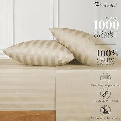 URBANHUT 1000 Thread Count Damask Striped Full Size Egyptian Cotton Sheets, Long Staple Soft & Breathable, 4 Pc Bed Sheet Sets, Luxury Hotel Sateen Sheets Fits 16" Deep Pocket - Sand