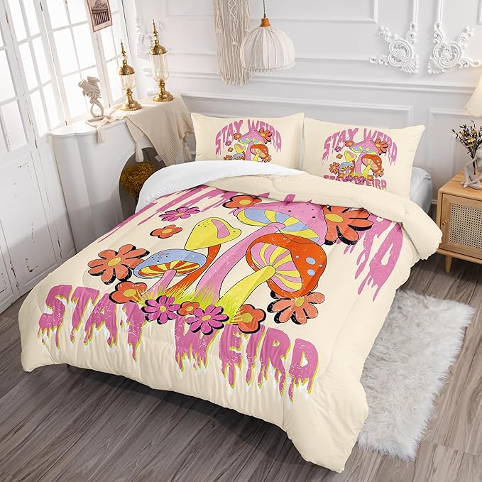 Axolotl Cartoon Mushroom Comforter Set King,Colorful Mushrooms Girls Bedding Set,3 Piece Cute Mushroom Bedding,Red Pink Floral Flower Comforter for Kids Boys Girls Teens,1 Quilt 2 Pillowcases