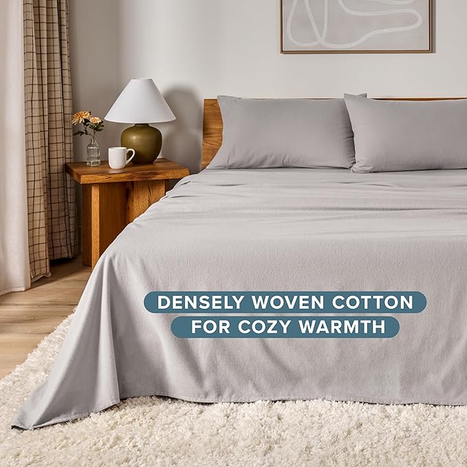 Bare Home Flannel Sheet Set 100% Cotton, Velvety Soft Heavyweight - Double Brushed Flannel - Deep Pocket (Full, Light Grey)