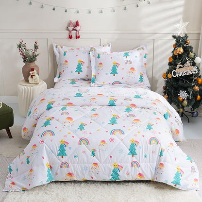 JSD Christmas Kids Comforter Set Full Size, 3 Piece Rainbow Tree Holiday Microfiber Bedding for Boys Girls Lightweight Machine Washable