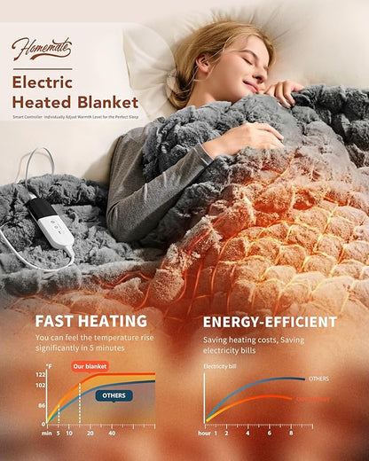 Homemate Heated Blanket Electric Throw - 50"x60" Heating Blanket Throw 1/2/4/6/8 Hours Auto-Off 10 Heat Levels Over-Heat Protection Luxury 800 GSM Faux Fur 200 GSM Sherpa ETL Certification