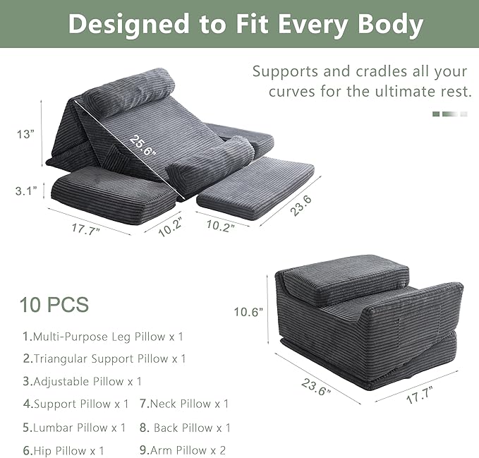 HIGOGOGO 10PCS Orthopedic Bed Wedge Pillow Set – Adjustable Soft Foam Body Positioners for After Surgery Recovery, Back & Leg Pain Relief, Sitting Up in Bed, Acid Reflux & GERD, Dark Grey