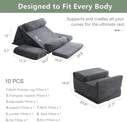 HIGOGOGO 10PCS Orthopedic Bed Wedge Pillow Set – Adjustable Soft Foam Body Positioners for After Surgery Recovery, Back & Leg Pain Relief, Sitting Up in Bed, Acid Reflux & GERD, Dark Grey