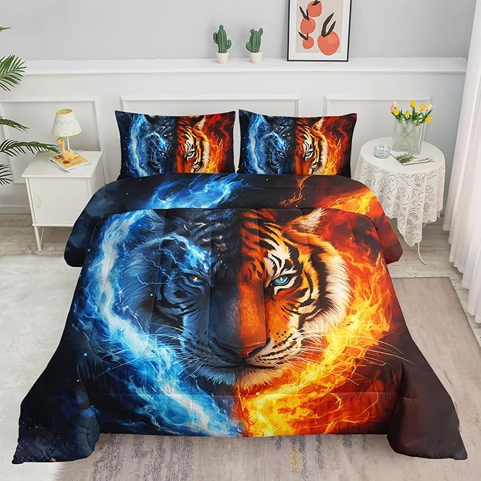 Tiger Comforter Set Wild Animals Flame Printed Bedding Set with 1 Comforter and 2 Pillowcases for Boys and Girls Bedroom All Season（Tiger Twin