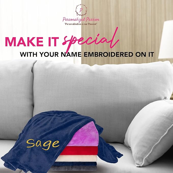 Personalized Blankets for Adults - Custom Blanket with Embroidered Name or Monogram - Soft Fleece Throw Cover for Bed & Couch - Navy (40"x60")