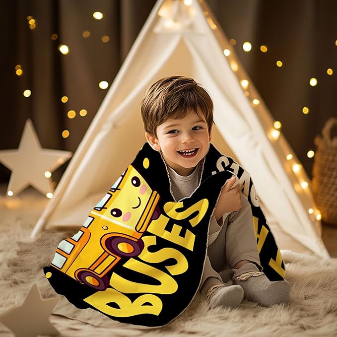Khumbhira Funny Yellow School Bus Blanket Just A Boy Who Loves Buses Blanket for Boys Kids Warm Plush Lightweight School Buses Throw Blanket for Couch Sofa Bed All Season Use 40"x50"-S