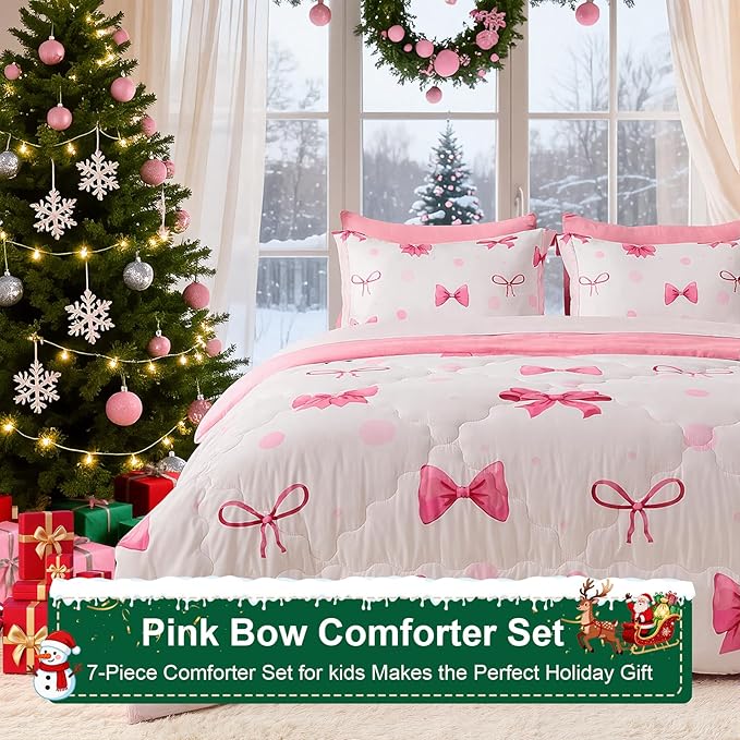 Wajade 7 Piece Pink Bow Bedding Set for Girls Kids Twin Size Comforter Set with Sheet and 2 Pillowcases 2 Pillow Shams Cute Girls Bed in a Bag as Birthday Choice
