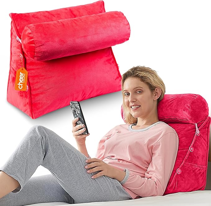 Cheer Collection Reading Wedge Pillow – TV Pillow with Adjustable Bolster Pillow, Memory Foam Back Support for Couch & Bed, Pillow Chair for Bed, Reading Pillows for Adults & Kids, Hot Pink