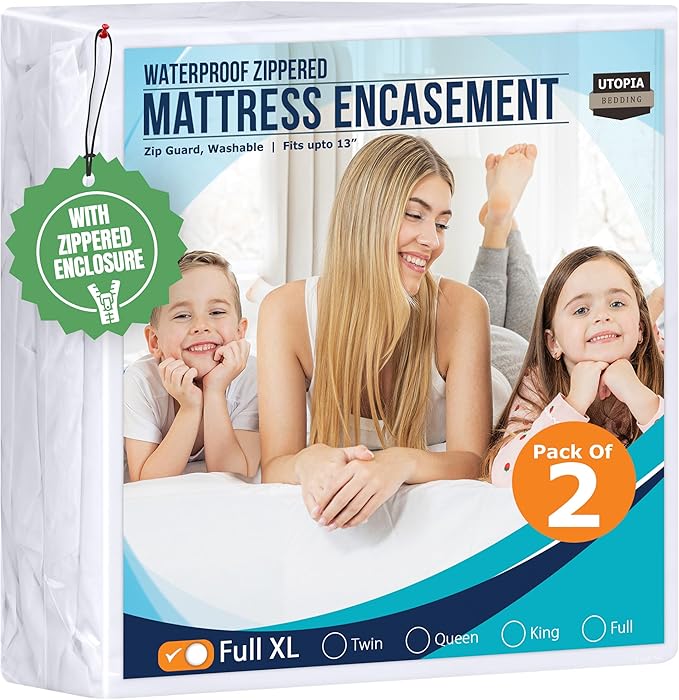 Utopia Bedding Waterproof Mattress Protector Full XL Size (Pack of 2), Zippered Mattress Encasement Bed Bug and Dust Mite Proof, Absorbent Six-Sided Mattress Cover