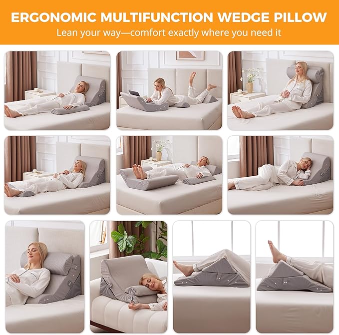 3PCS Wedge Pillow Set for After Surgery, 10-in-1 Adjustable Wedge Pillow for Acid Reflux Relief, Bed Wedge Pillows for Sleeping, Snoring & Back Pain Relief, Sit up Pillow for Bed, Grey