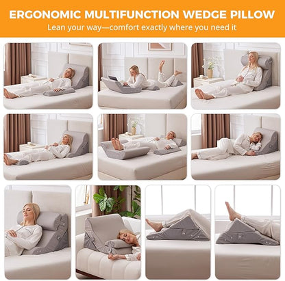 3PCS Wedge Pillow Set for After Surgery, 10-in-1 Adjustable Wedge Pillow for Acid Reflux Relief, Bed Wedge Pillows for Sleeping, Snoring & Back Pain Relief, Sit up Pillow for Bed, Grey