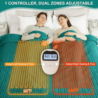 Queen Size Electric Blanket Single Control - 84"X90" Soft Double Sided Sherpa Heated Blanket with 6 Heating Levels & 10 hrs Timer Settings, Washable & ETL Certified for Bed, Green