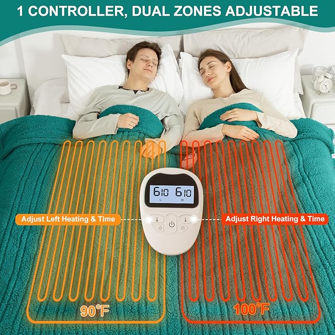 Electric Blanket King Size Single Control - 100"X90" Soft Double Sided Sherpa Heated Blanket with 6 Heating Levels & 10 hrs Timer Settings, Washable & ETL Certified for Bed, Green
