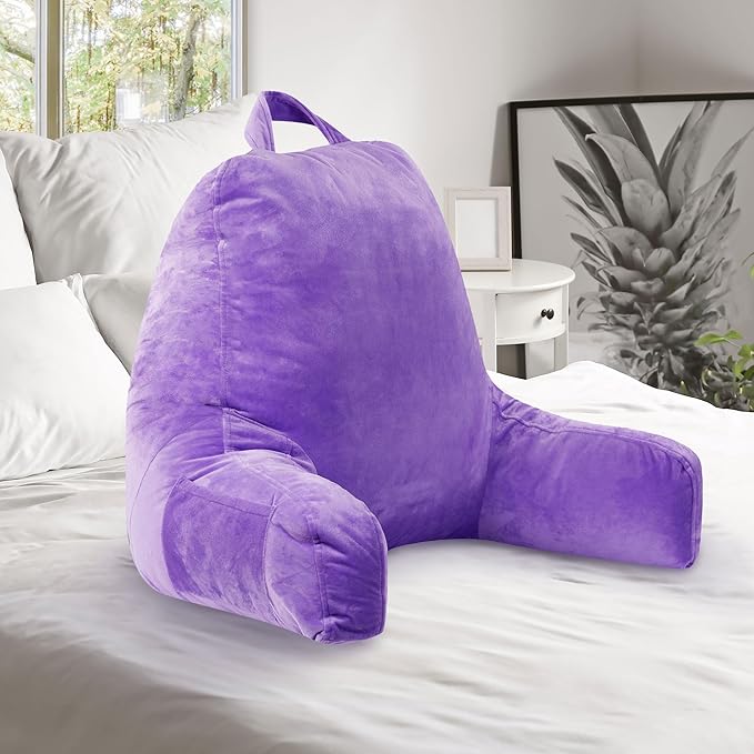 Cheer Collection Reading Pillow with Arms – Portable Bed Pillow for Sitting Up & Support, Foam-Filled Back Rest Pillow for Sitting in Bed & Couch, Machine Washable Purple (Large)