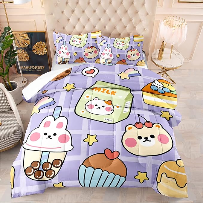 QOOMO Kawaii Bear Comforter Set for Kids Teens Girls Women,Cute Bear Kids Bedding Set,1 Comforter with 2 Pillowcase, Microfiber 3 Piece Bedding Set,for All Seasons，Queen Size