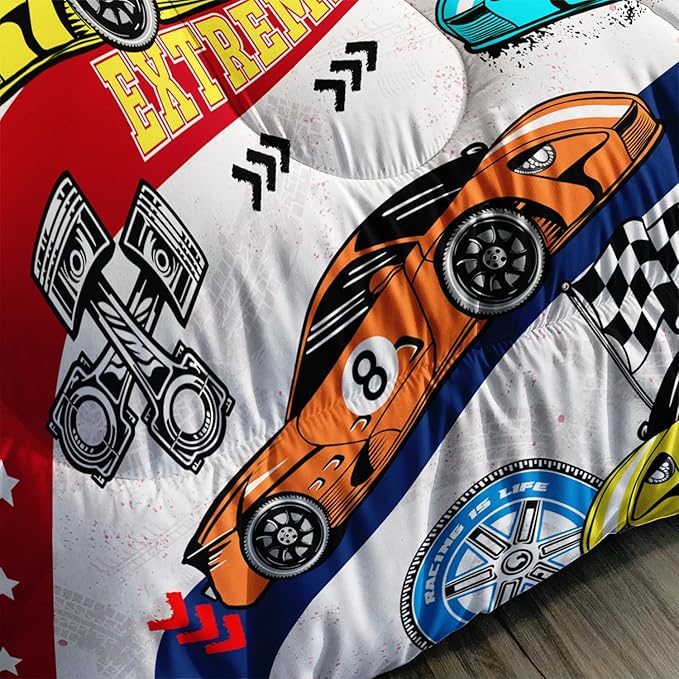 AILONEN Racing Car Comforter Set Twin Size, Plaid Bedding Set for Kids Boys,Cool Speed Race Car Bed in a Bag 3 Pcs,1 Quilt and 2 Pillowcases,Soft Microfiber