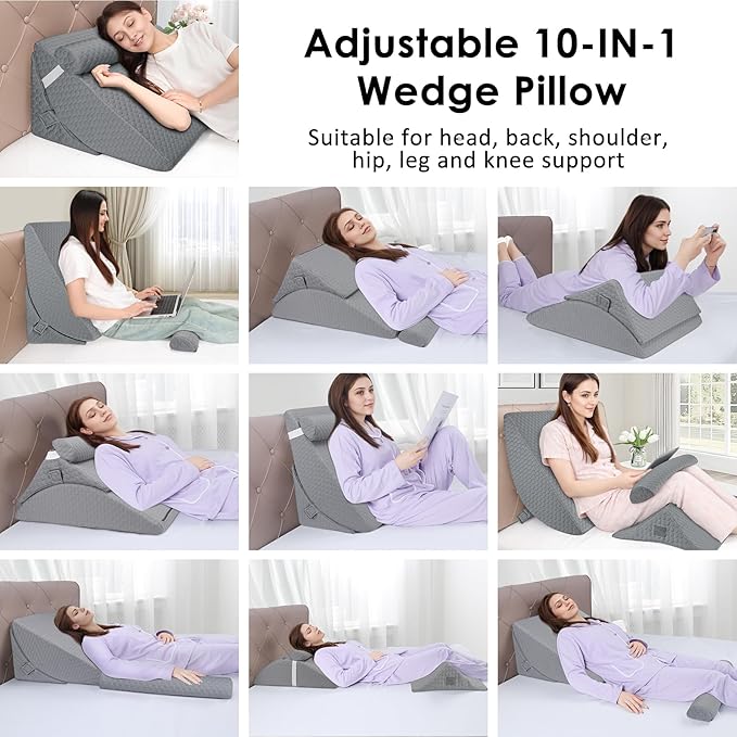 Bed Wedge Pillow for Sleeping, 3PCS Wedge Pillow Set for After Surgery, Adjustable 7 &12 inch Pillow Wedges for Acid Reflux Relief, Back Pain Relief, Sleep Apnea, Sitting Up, Headboard (Grey)
