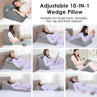 Bed Wedge Pillow for Sleeping, 3PCS Wedge Pillow Set for After Surgery, Adjustable 7 &12 inch Pillow Wedges for Acid Reflux Relief, Back Pain Relief, Sleep Apnea, Sitting Up, Headboard (Grey)