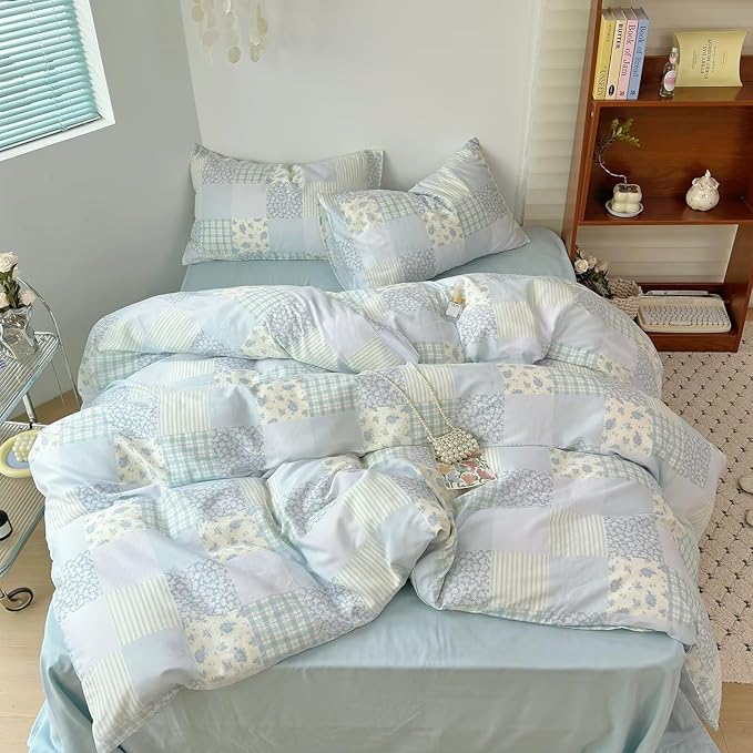 BuLuTu Luxury Muslin Cotton Duvet Cover Set Twin Size, Light Blue Striped Floral Duvet Covers Breathable Comfy Bedding Comforter Cover for Summer, Zipper Closure, Machine Wash