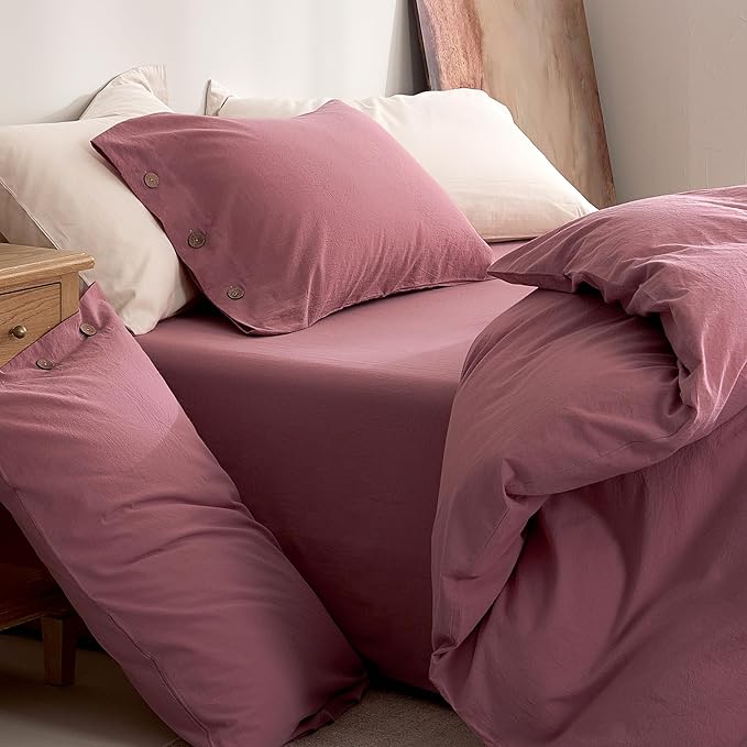 JELLYMONI 100% Washed Cotton Duvet Cover Queen – Soft, Breathable Linen-Look Bedding with Natural Wrinkle Texture, Button Closure, 3-Piece Set (Deep Rose, 90"x90")