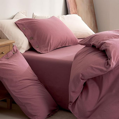 JELLYMONI 100% Washed Cotton Duvet Cover Queen – Soft, Breathable Linen-Look Bedding with Natural Wrinkle Texture, Button Closure, 3-Piece Set (Deep Rose, 90"x90")