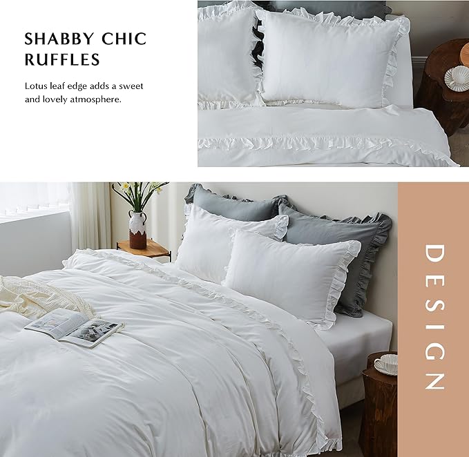 Simple&Opulence Kids 100% Organic Cotton King Duvet Cover Ruffle 3Pcs(1 Comforter Cover 2 Pillowcases) Cute Lace Vintage Boho Shabby Chic Farmhouse Bedding Set Teen Girls(White, King)