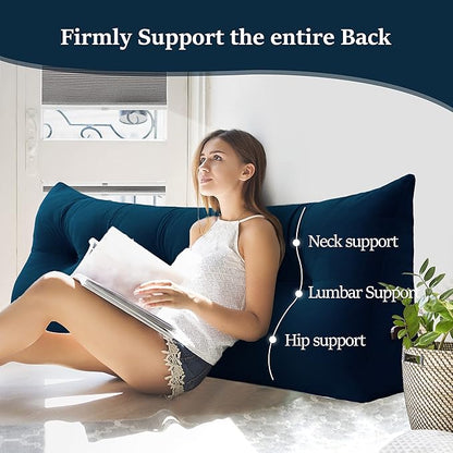 Johnear Wedge Headboard Large Bolster Pillow Reading Pillows for Sitting in Bed Adult， Velvet Triangular Cushion Backrest Lumbar Back Support Upholstered Daybed Sit Up Book Pillows（Darkblue, Queen）