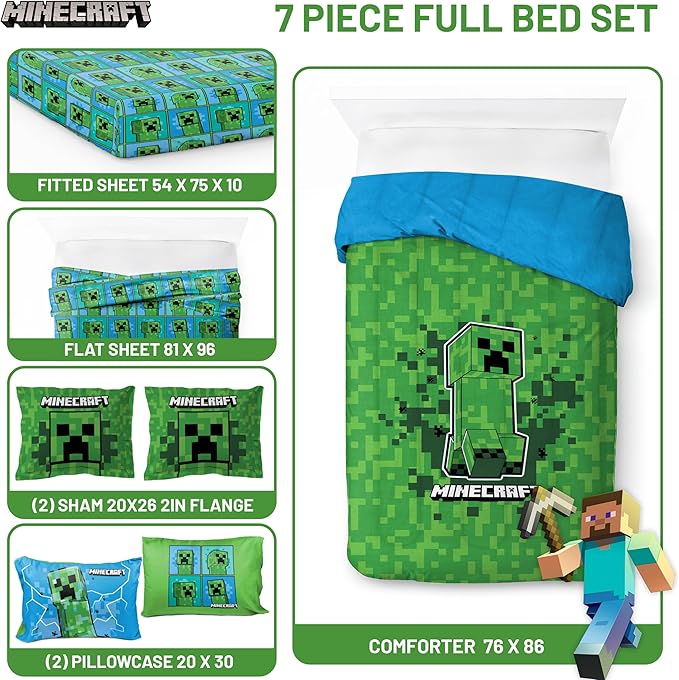 Jay Franco Kids Comforter Set Includes Sheets and Pillow Covers - Soft and Cozy Bed Set for Stylish Room Decor, Green - Minecraft Creeper, 7 Piece Full Size Bedding