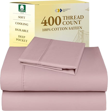 California Design Den Twin XL Bed Sheets Set - 400 Thread Count Sateen, Natural 100% Cotton Twin XL Sheet Set, Deep Pockets, All Around Elastic, Durable Bedding for Dorm Room - Mauve