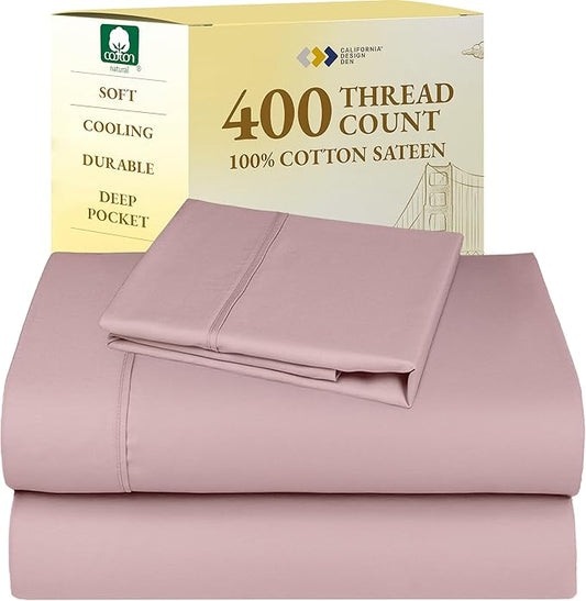 California Design Den Twin XL Bed Sheets Set - 400 Thread Count Sateen, Natural 100% Cotton Twin XL Sheet Set, Deep Pockets, All Around Elastic, Durable Bedding for Dorm Room - Mauve