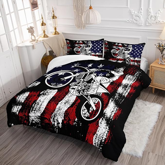 Axolotl Dirt Bike Comforter Set Twin, American Flag Bedding Set, Motocross Comforter,White Red Stripes Stars Bedding, Motorcycle Racer Quilt for Boys Kids Teens Men, 1 Dirt Bike Quilt 2 Pillowcases