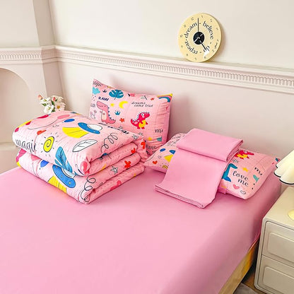 MWMWMW Kids Dinosaur Comforter Set Full, 5 Pcs Girls Bed in a Bag, Pink Dinosaur Bedding Full Size, Kids Comforter Sets for Girls with 1 Comforter, 1 Flat Sheet, 1 Fitted Sheet and 2 Pillowcases