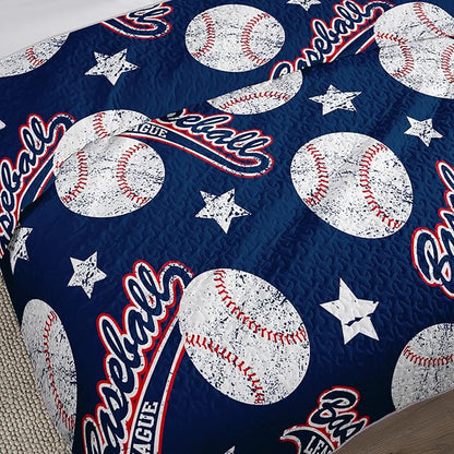 QOOMO Baseball Quilt Set Full/Queen Size,Blue Baseball Bedspread Coverlet Set,Sports 3Pcs Bedding Set Printed Quilt with 2 Pillowcases,Soft and Lightweight,for All Seasons
