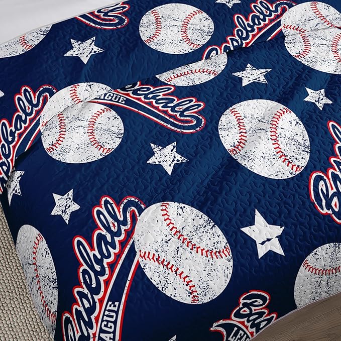 QOOMO Baseball Quilt Set King Size,Blue Baseball Bedspread Coverlet Set,Sports 3Pcs Bedding Set Printed Quilt with 2 Pillowcases,Soft and Lightweight,for All Seasons