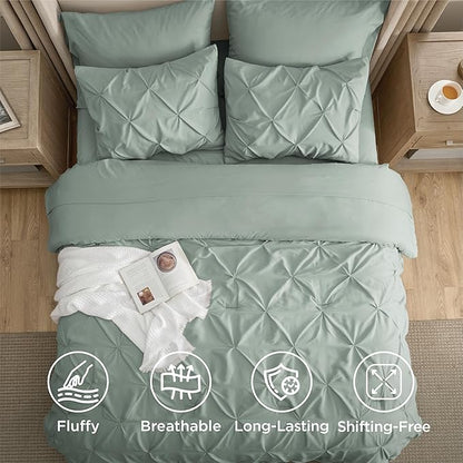 Bedsure Oversized King Comforter Set Sage Green - Bed in a Bag Bedding Set 7 Pieces, GentleSoft™ Pintuck Bed Set Gift for Family, Pinch Pleat Sage Green Comforter with Sheets, Pillowcases & Shams