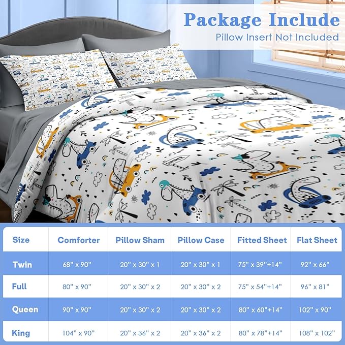 Comforter Set Queen Size, Funny Car Dinosaur 7 Pcs Bedding for Kids and Adults, Adventure Nursery Dino Bed Sheet Sets with Fitted Sheet 2 Pillowcases & 2 Shams for Bedroom Bed Decor