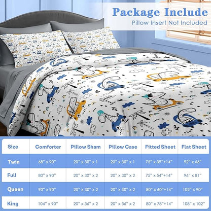 Comforter Set Twin Size, Funny Car Dinosaur 5 Pcs Bedding for Kids and Adults, Adventure Nursery Dino Bed Sheet Sets with Fitted Sheet Pillowcase & Sham for Bedroom Bed Decor