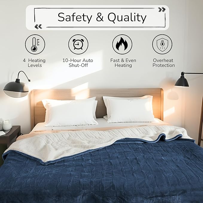 Electric Heated Blanket King Size 90"x100" - Dual-Sided with Microplush & Sherpa Fabric, 4 Heat Settings & 10 Hours Auto Off, Dual Controller, Machine Washable - Dark Blue