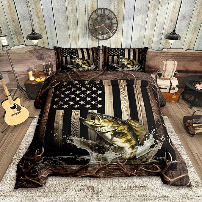 Vintage American Flag Comforter Set King Size,Men 3D Bass Fish Bedding Set,Hunting Fishing Quilt Set for Kids Boys Adult Room Decor,Rustic Farmhouse Wooden Striped Duvet Insert,Black Brown