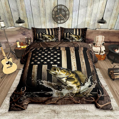 Vintage American Flag Comforter Set King Size,Men 3D Bass Fish Bedding Set,Hunting Fishing Quilt Set for Kids Boys Adult Room Decor,Rustic Farmhouse Wooden Striped Duvet Insert,Black Brown