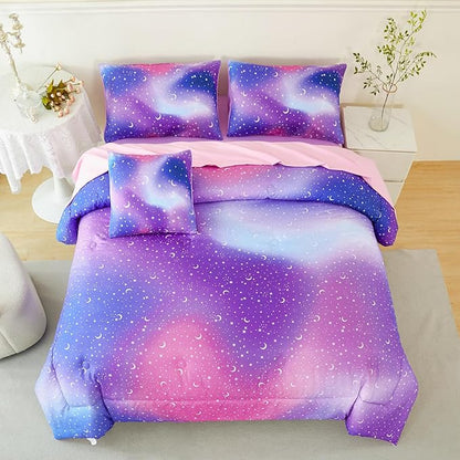 URBONUR 6Pcs Glitter Comforter Set for Girls Queen Size Colorful Gradient Galaxy Bedding Set Kids Teen Comforter Sets Bed in A Bag Queen (Purple Blue)