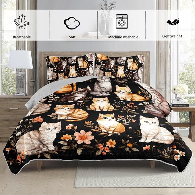 Kawaii Cat Quilt Set,Orange Grey Cat Pattern Bed Set for Toddler Kids Girls Room Decor,Colorful Flowers Printed Bedding King Quilted Sets with 2 Pillowcases.