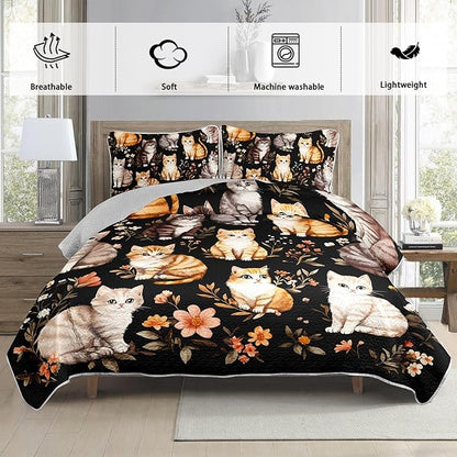 Kawaii Cat Quilt Set,Orange Grey Cat Pattern Bed Set for Toddler Kids Girls Room Decor,Colorful Flowers Printed Bedding Twin Quilted Sets with 2 Pillowcases.