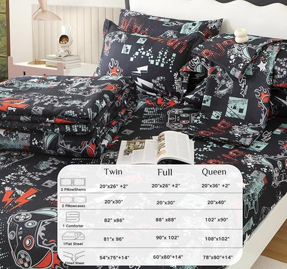 SDY 7PCS Game Console Comforter Set Queen Size Cute Printed Gamer Comforter Set for Toddler,Girls Boys and Kids, Gaming Comforter,with Comforter, Flat Sheet, Fitted Sheet and Pillowcases & Shams