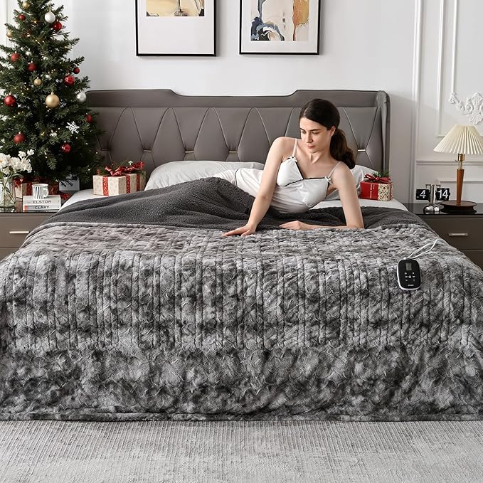 WOOMER Heated Blanket Full Size Electric Blanket 77"x 84", Soft Faux Fur Fast Heating Blanket, 10 Heating Levels & 0.5-12H Auto Off, Over-Heat Protection, ETL Certification