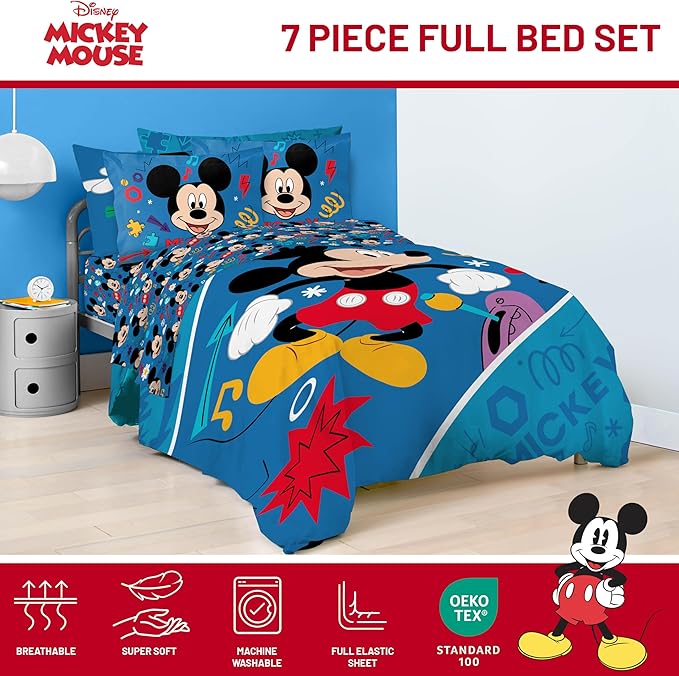 Jay Franco Kids Comforter Set Includes Sheets and Pillow Covers - Soft and Cozy Bed Set for Stylish Room Decor, Blue - Mickey Mouse, 7 Piece Full Bedding