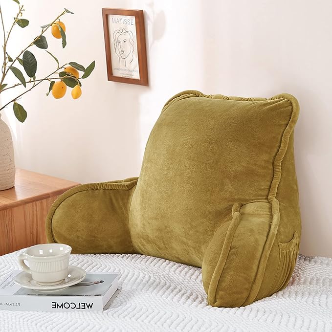 Super Soft Velvety Backrest Reading Bed Rest Pillow with Arms and Pockets 18" H for Sitting in Bed Couch Sofa, Back Support Wedge Cushion with Removable Cover, 20" x 18" x17", Brown