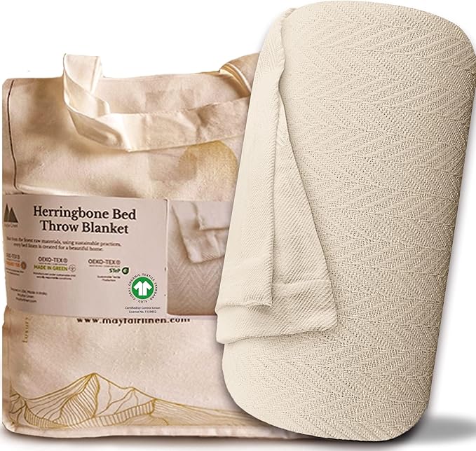Mayfair Linen 100% Pure Cotton, Luxury Full/Queen Size Beige Blanket - Herringbone Pattern, Soft &Cozy Premium Fall Bed Blanket for All Seasons, 350GSM & 90x92 with Free Tote Bag